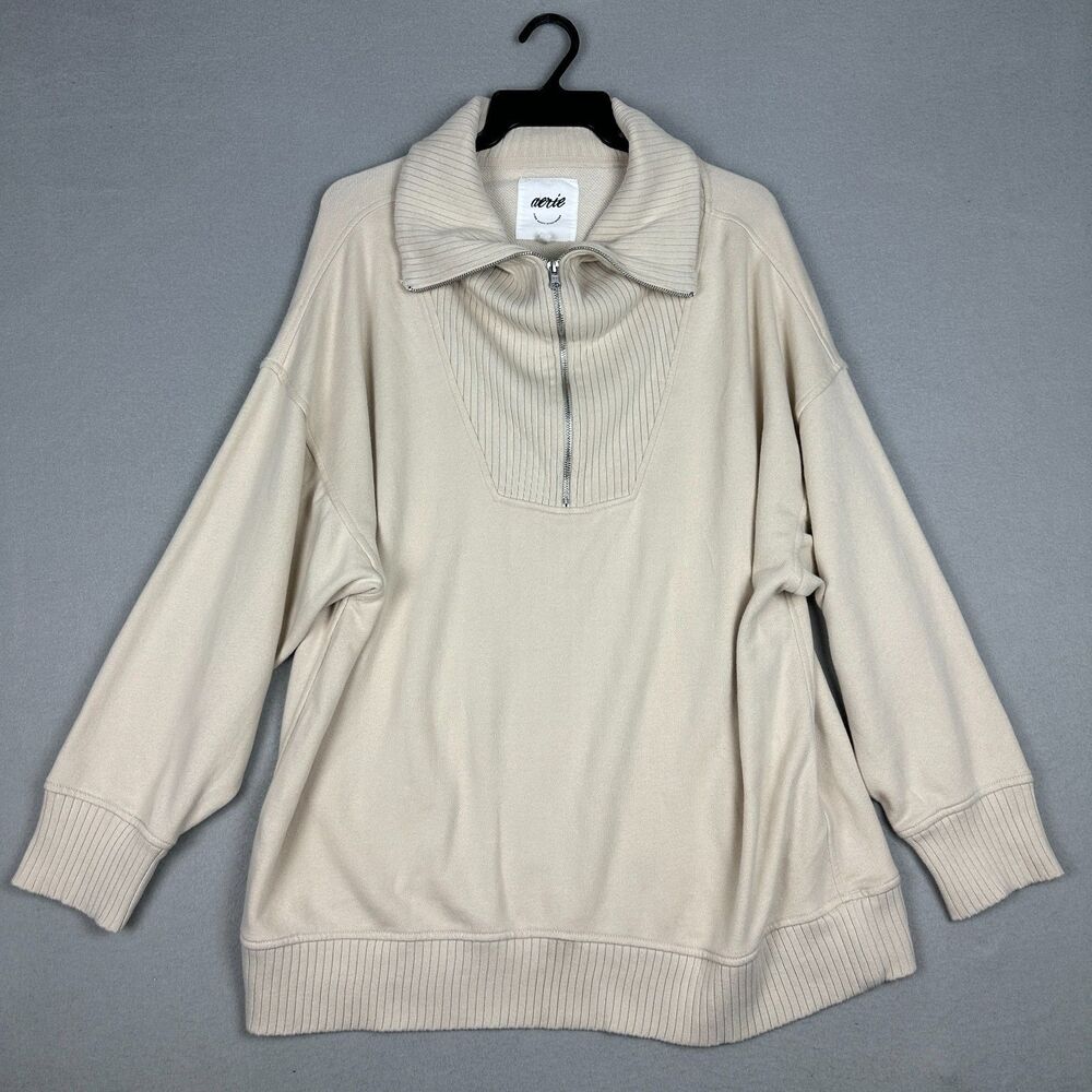Aerie Womens Size XL Down To Earth Quarter Zip Sweatshirt Soft Oat Tan Oversized